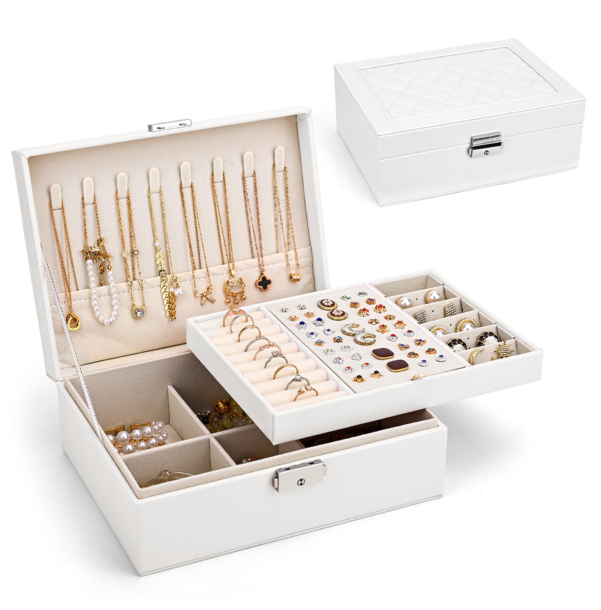 Joyeros Mujer Organizador 2 Niveles Caja Joyero Cuero PU, Blanco Perla
