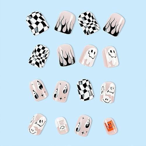 Miniatura 2 de Uñas postizas cuadradas cortas a presión para Halloween, uñas acrílicas brillantes de color rosa con llama fantasma, diseños de tablero de Otelo,