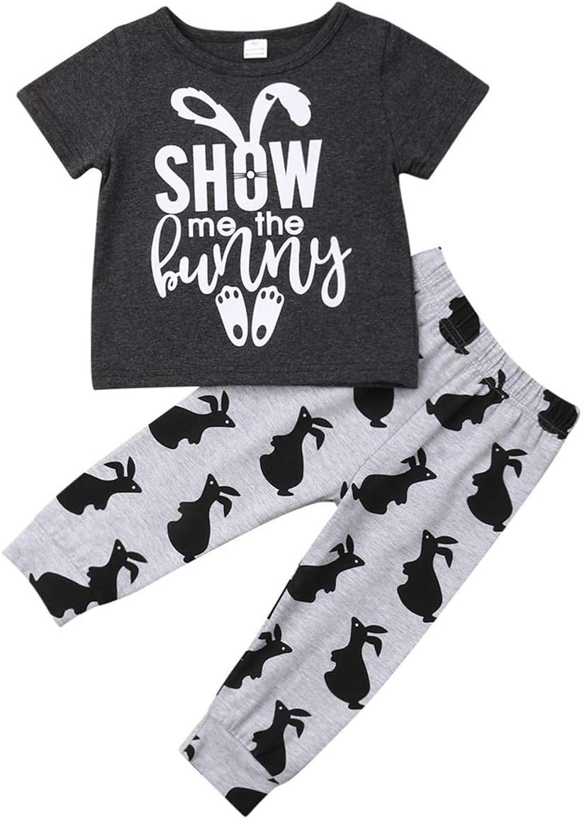 Kayotuas Toddler Infant Baby Boy Easter Outfit Bunny Letter Printed T-Shirt Tops and Jogger Pants Set Summer Clothes
