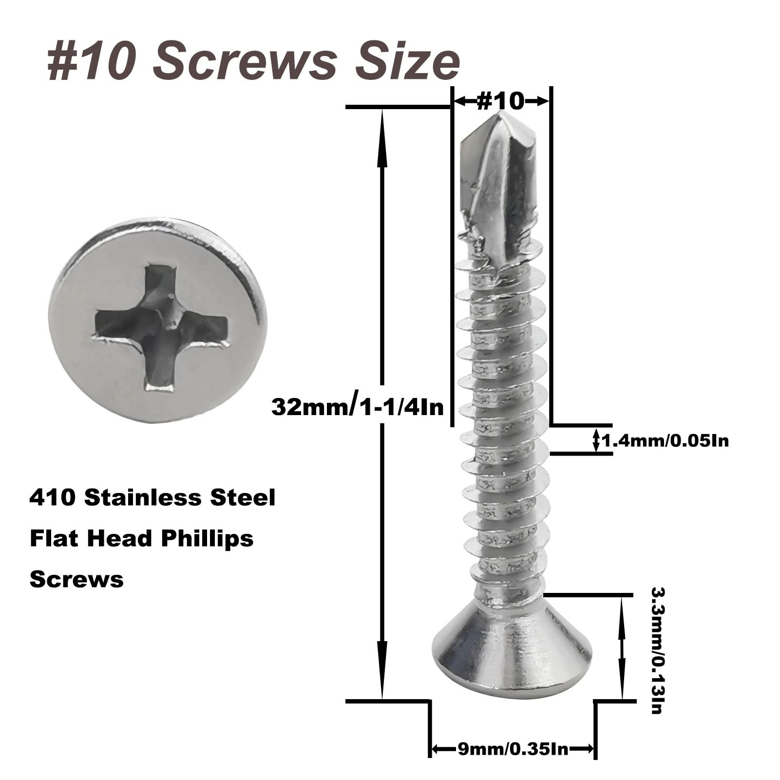 Self Drilling Tek Screw INDPROD #10 X 1 Self-Drilling Tek Screws – Stainless Steel 410, Flat Head Phillips, 50-Pack For Metal, Wood & Sheet Metal