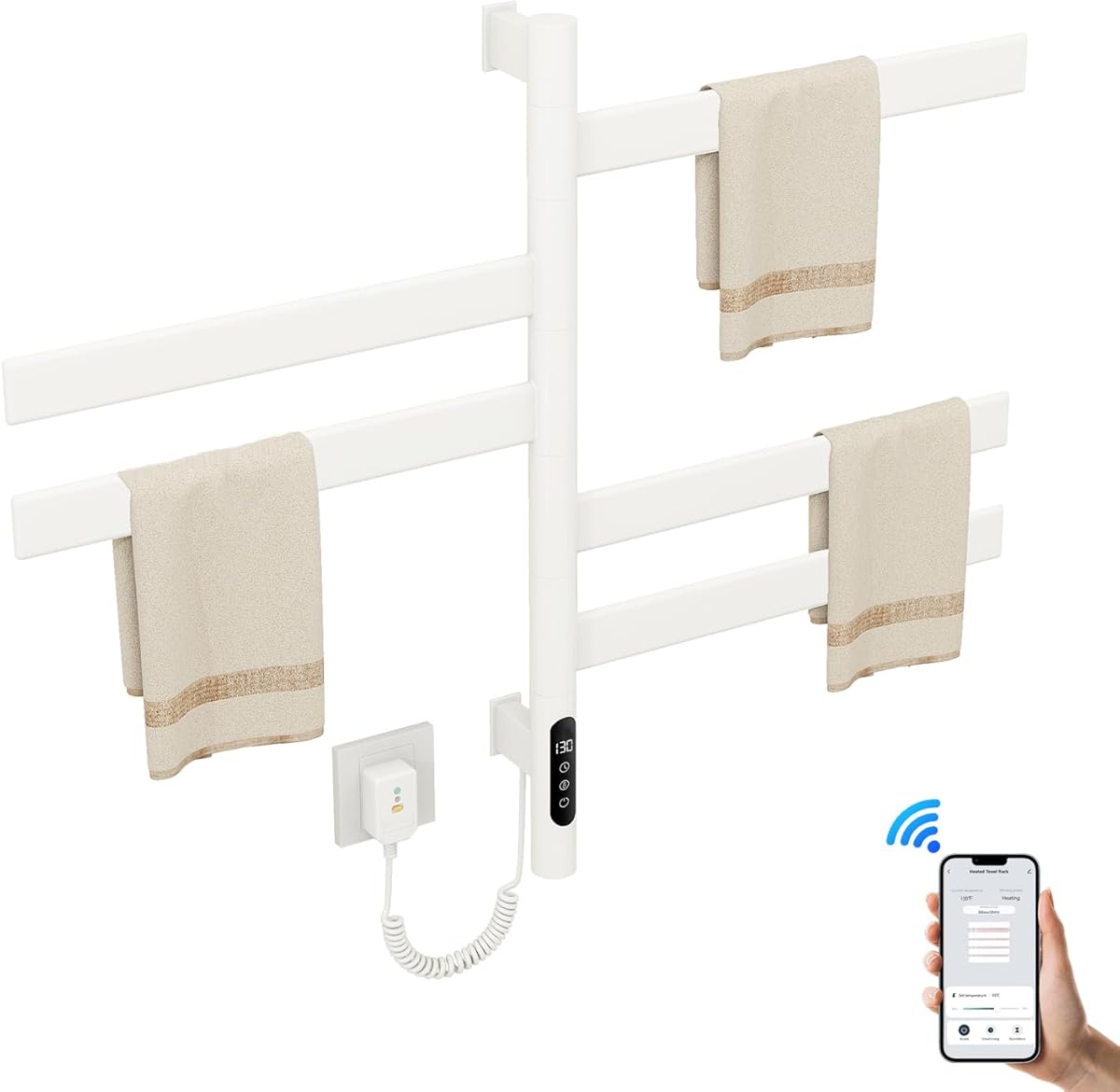 Heated Towel Racks for Bathroom, Wall Mounted Towel Warmer Swivel with Timer & Temp Control, Digital Touch Panel, 110V IPX5 Hardwired & Plug-in