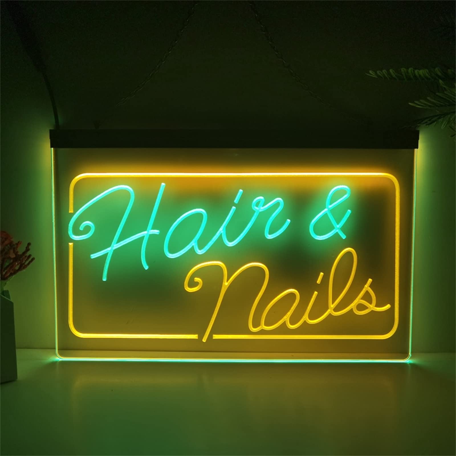 REWIS Insegna al Neon a LED per Unghie per Capelli, luci al Neon alimentate Tramite USB con dimmer, per insegne Luminose per Negozi di Unghie per saloni di Bellezza,Green Yellow,40x30cm