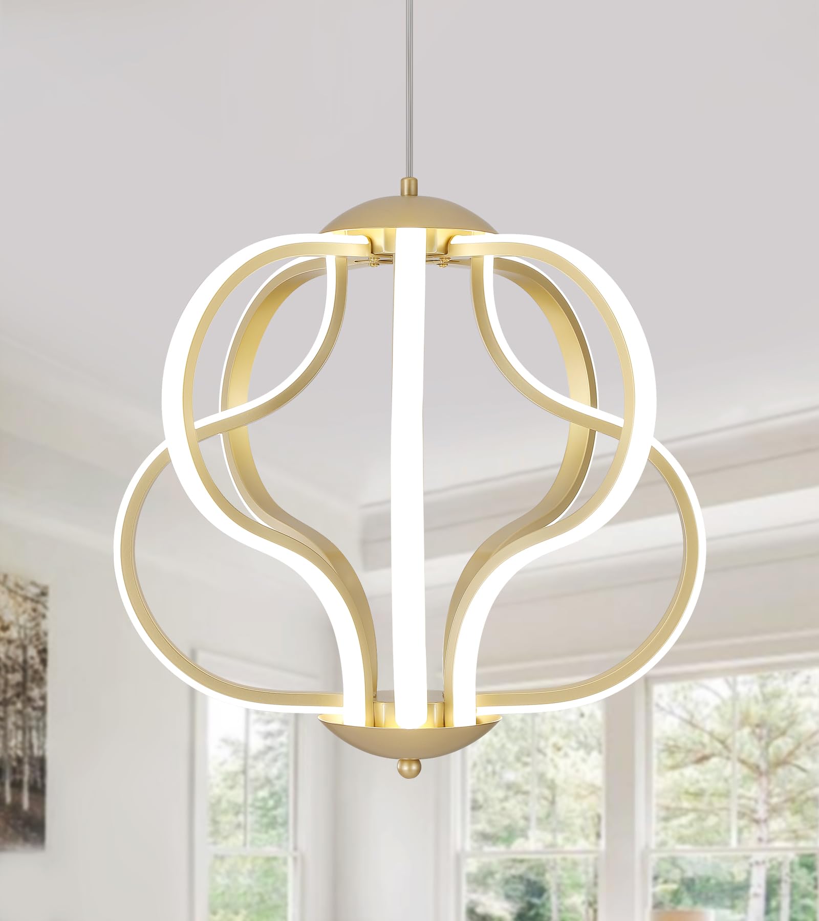 Q&S Modern Led Chandelier,Gold Hanging Pendant Lights for Dining Room Foyer Entryway Kitchen Living Room 8 Lights