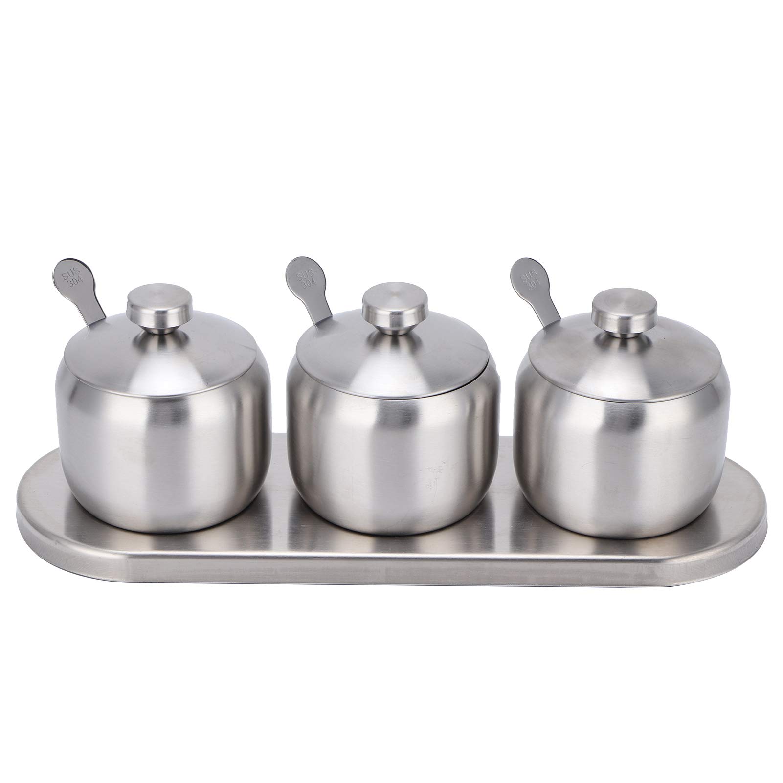 Set di 3 contenitori per spezie in acciaio inox con coperchi e vassoio, ideali per conservare sale, pepe, curry, peperoncino in polvere, organizer per spezie da cucina, 8,5 x 9,5 cm, resistente ed