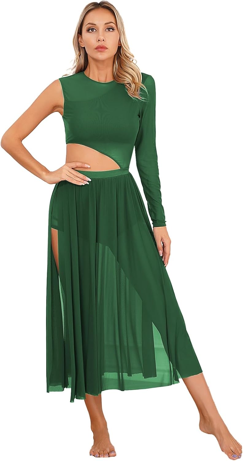 ranrann Women Mesh Cutout Lyrical Dance Dress Side Split Sheer Mesh Dresses Contemporary Ballroom Dancewear