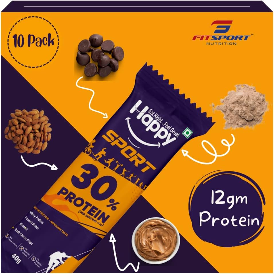 FITSPORT 12G Protein Bar-Healthy Breakfast Snack-Meal Replacement Energy Bars-Contains Almonds, Whey Protein, Peanut Butter, Dark Chocolate Chips & Rice Crisps|400Gm(40Gm X 10 Bars, Pack Of 10)