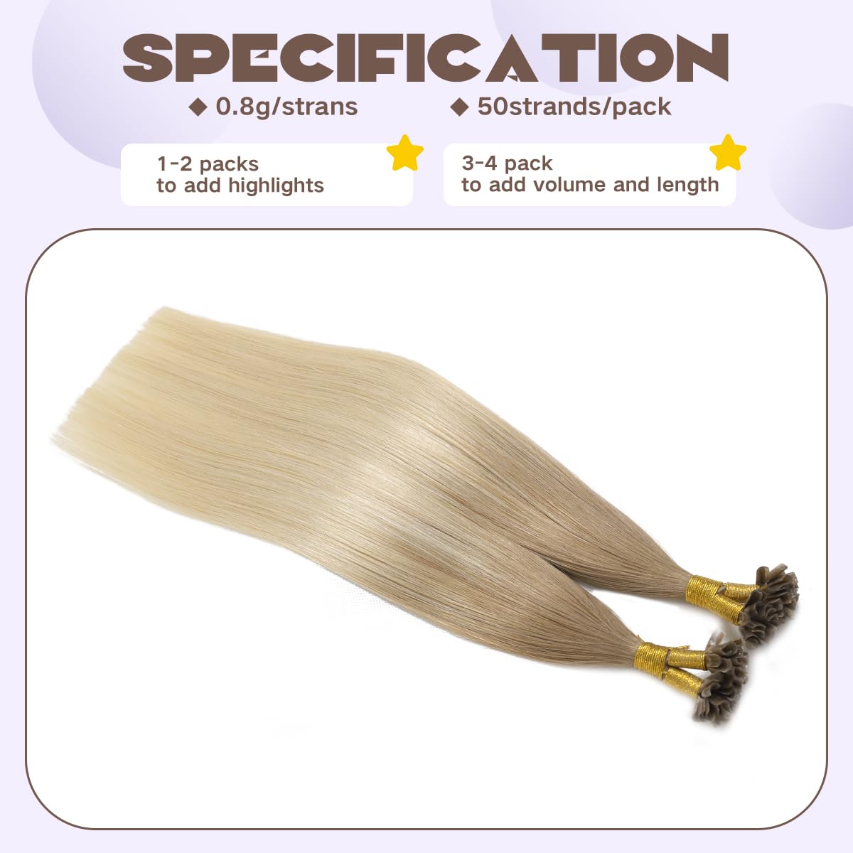 Sindra Blonde U Tip Hair Ombre Ash Brown to Platium Blonde Fusion Extensions 14 Inch 40g Pre Bonded Human Hair Extensions 50 Strands Straight #8/60 14inch - Image 4
