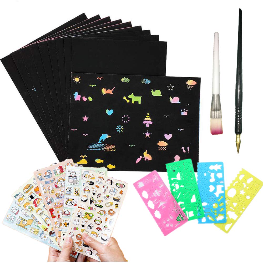 CooCu DIY Scratch Paper Art Set for Kids, Rainbow Craft Scratch Off Art Decorations for Children Girls Boys Birthday Game Party Favor Christmas Easter Craft Gifts