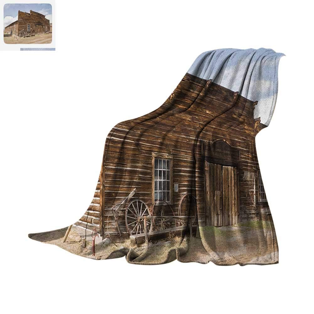 Barn Wood Wagon Wheel Super Soft Lightweight Blanket Abandoned Mercantile with Wagon Wheels Ghost Town Custom Design Cozy Flannel Blanket 80"x60" Brown Sand Brown Pale Blue
