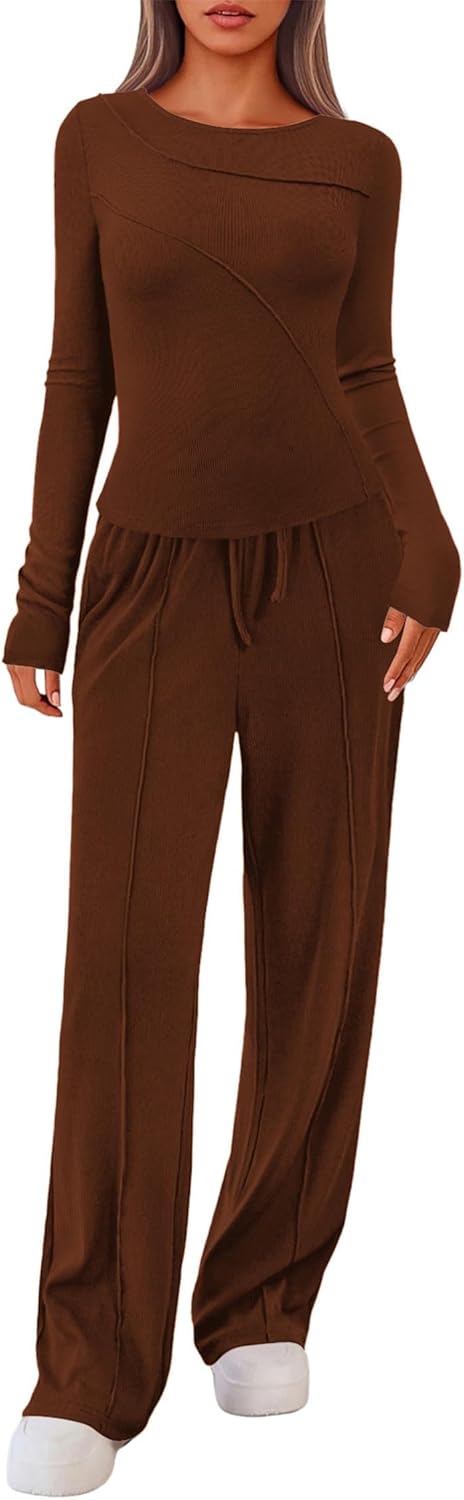 Lazysmile Lounge Sets For Women 2 Piece Sets Fall Outfits Long Sleeve Tops with Wide Legs Pants Casual Matching Set