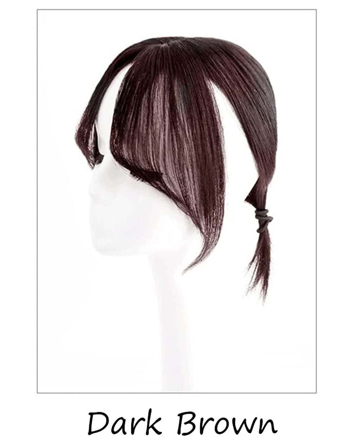 Real Human Hair Crown Topper Hairpiece 3" x 4.7" Silk Base Topper Wiglet with Bangs for Women with Thinning Hair, Dark Brown