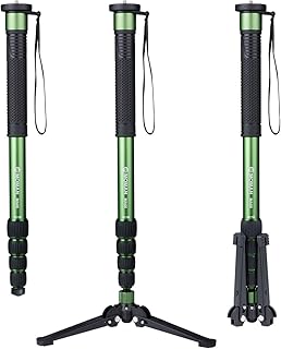 Monopod, Moman MA66 Carbon Fiber Camera Monopod, Portable Extendable Travel Monopod with Tripod Stand Base for Canon Nikon DSLR Camera Gopro, Max Load 22Lbs/10kg Height up to 66 inch, Black Greeen