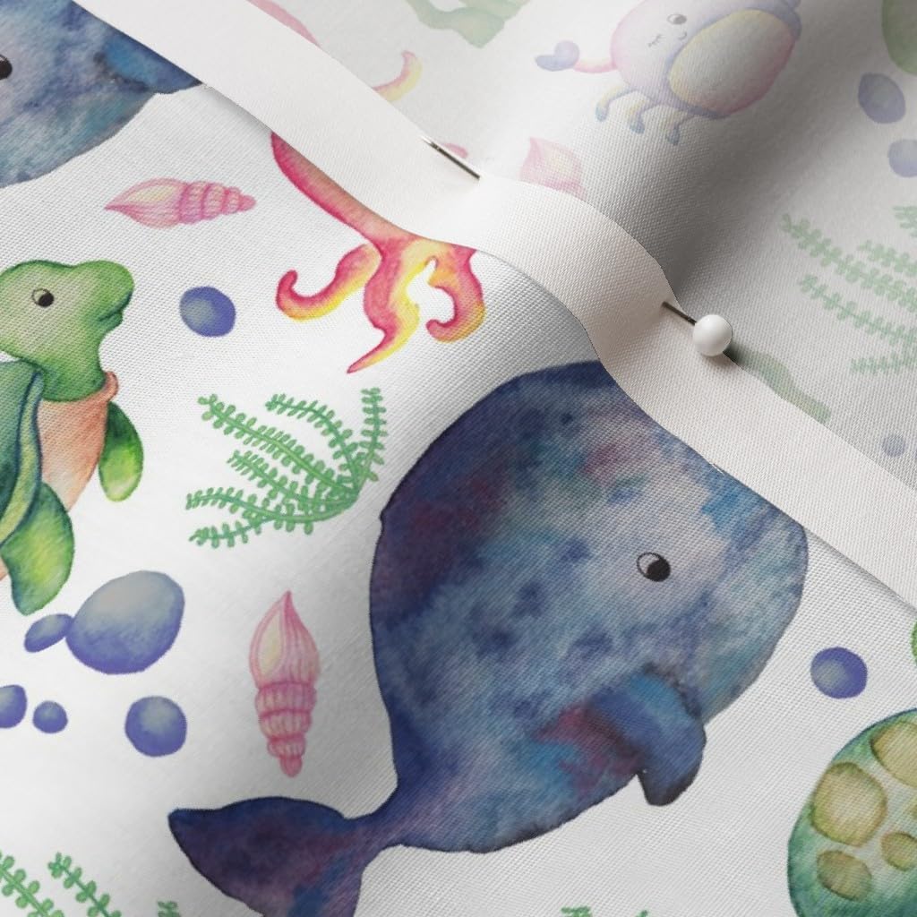 Spoonflower Fabric - Sea Creatures White Watercolor Ocean Blue Life Animals Turtle Crab Printed on Cotton Poplin Fabric by The Yard - Sewing Shirting Quilting Dresses Apparel Crafts