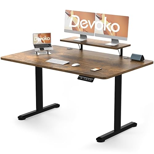 Devoko Electric Standing Desk 140 x 60cm with Monitor Stand, Height Adjustable Desk for Gaming, Home Office Table with 2 Memory Smart Pannel (Rustic Brown) - 140 x 60cm - Rustic Brown