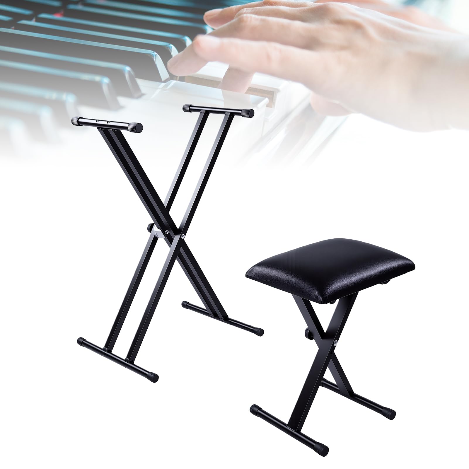 Btuty Soporte para Teclado Electrónico con Banco, Tubo Doble de Metal, Marco en X, Altura Ajustable de 24 a 99 Cm, Bloqueo Engranaje Antideslizante para Pianos Digitales 61