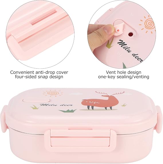 Bento Lunch Box, 720ml Food Lunch Containers for Kids Adult, Spoon, Pink