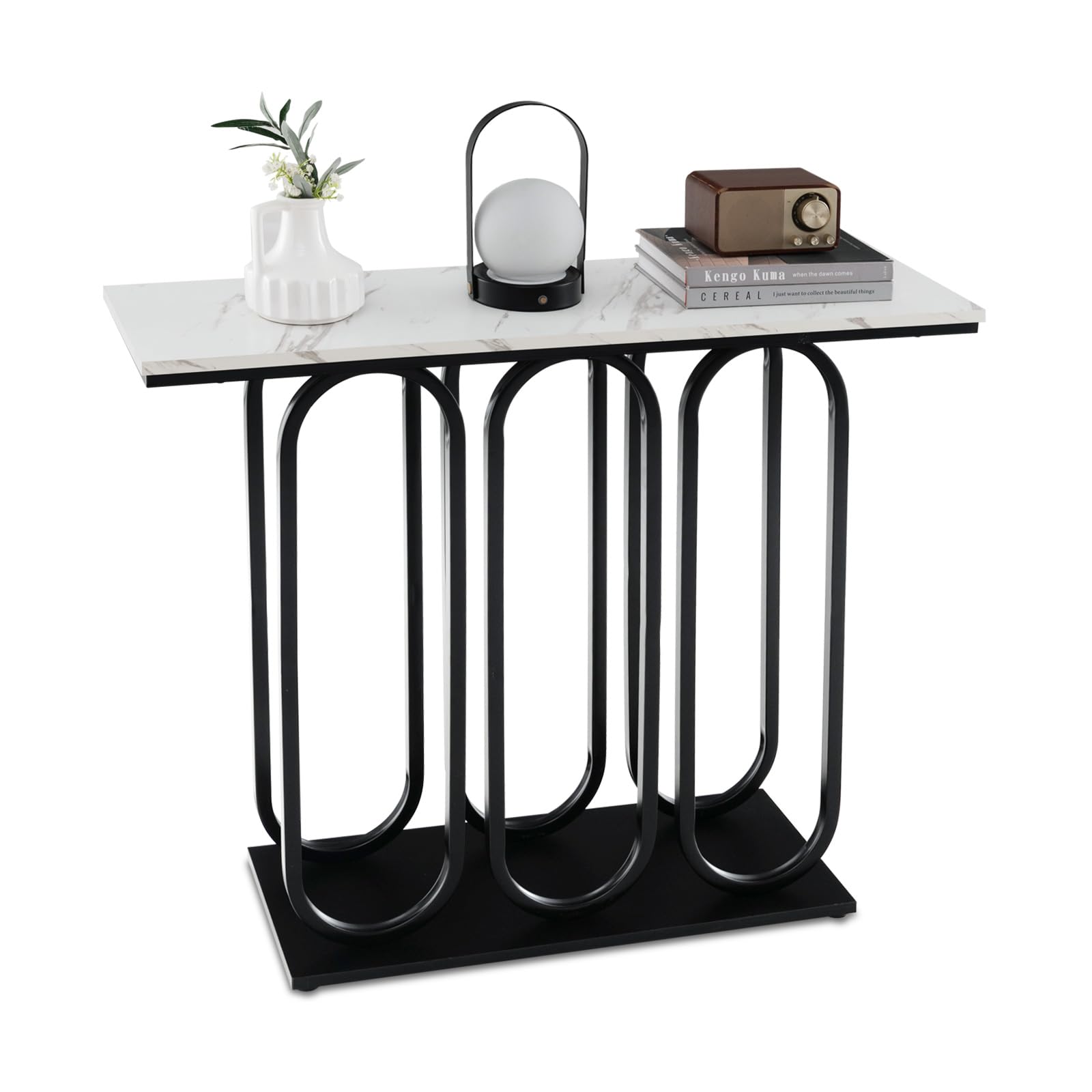 Table console GIANTEX - Console moderne en métal avec aspect marbre - 100 x 30 x 80 cm - Blanc Marbre + Noir