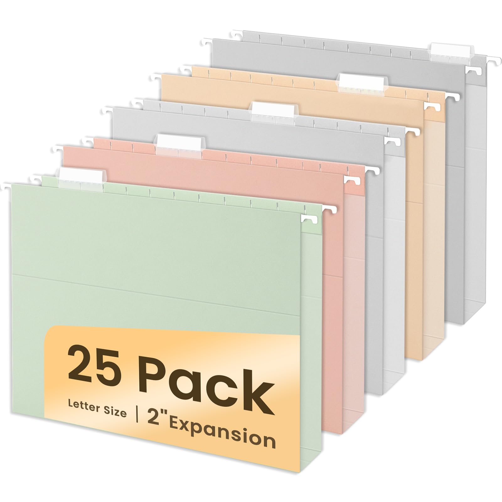 SUNEE Hanging File Folders Letter Size, Pastel Colors, 25 Count Letter Size File Folders with 1/5-cut Tabs, Heavy Duty 2 Inch Expansion, Stay Organized for Your Home and Office Bulk File