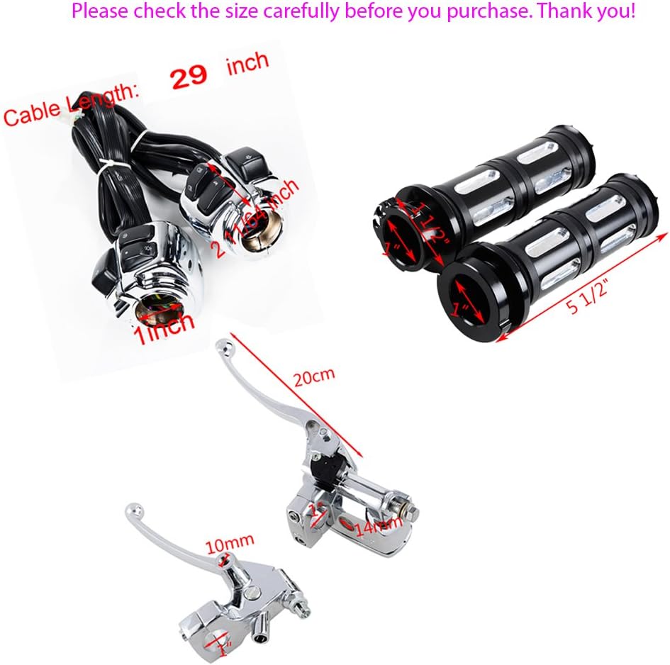 CHROME Motorcycle 1" Handlebar Switches Control Horn On/Off Kit + 1 inch Brake Clutch Levers & Handlebar Hand Grips Compatible with Harley