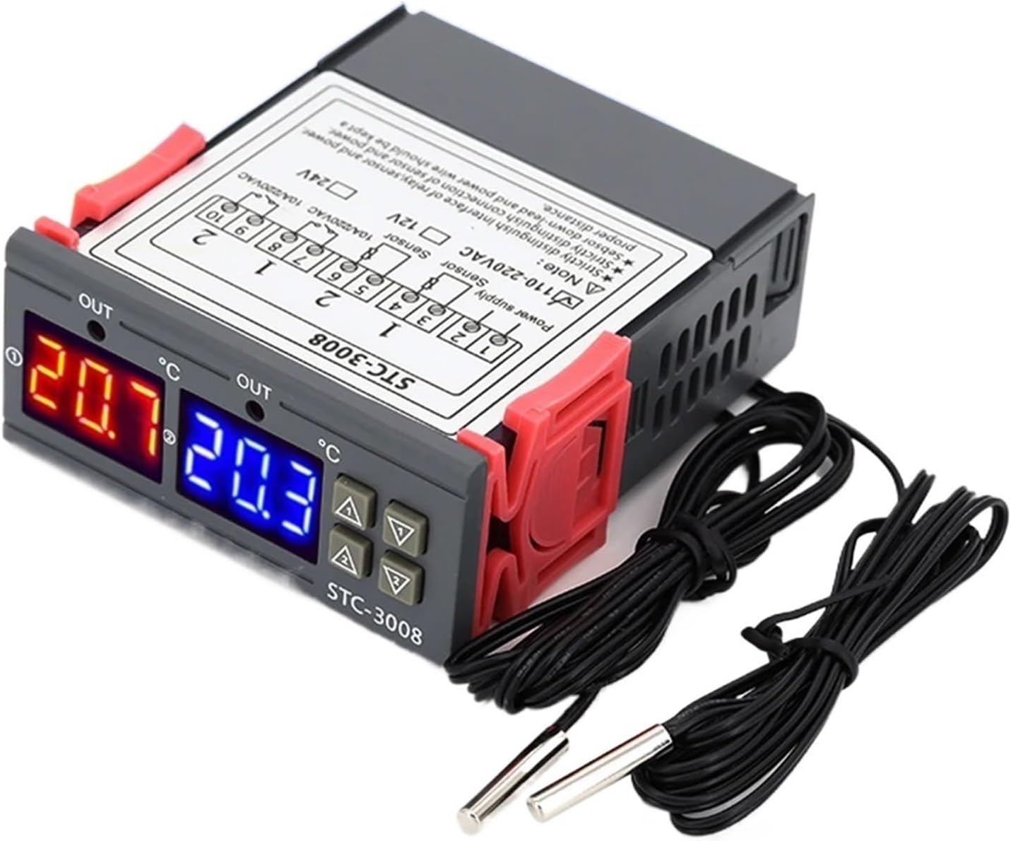 Dual Digital Temperature Controller Two Relay Output Thermostat Thermoregulator 10A Heating Cooling STC-3008 12V 24V 220V(DC12V)