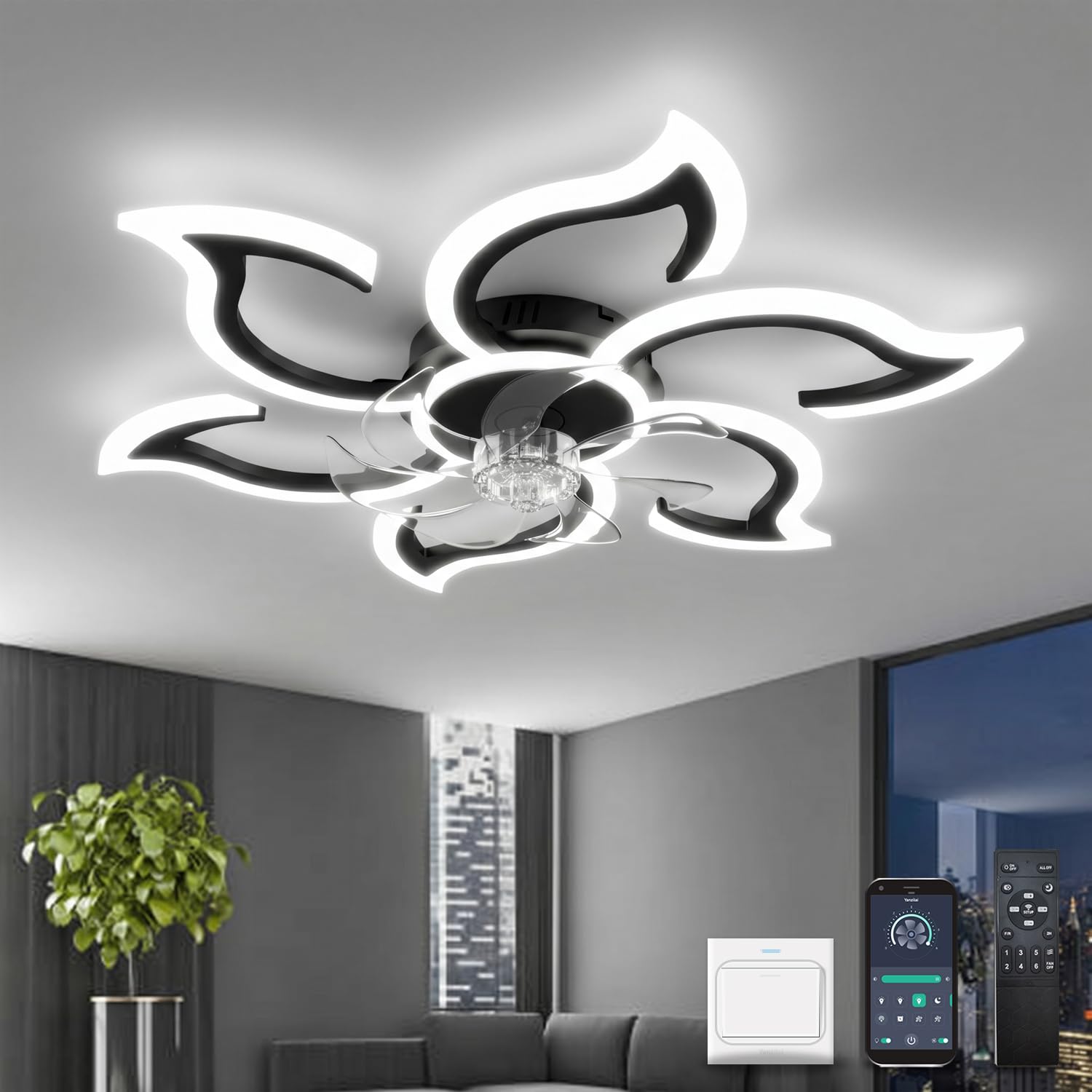 Lampara Ventilador Techo Dormitorio, 88cm Ventilador Techo con Luz y Mando a Distancia, Diseño en Forma de Flor, Plafon Led Techo Ventilador Silencioso, Regulable, Motor DC, Negro