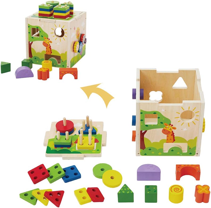 Flow.month Educational Wooden Activity Cube with Shape Color Recognition Geometric Board Blocks Stacking Sort Toddler Toys Kids Gifts for 1 2 3 4 Year Old Girl and Boy