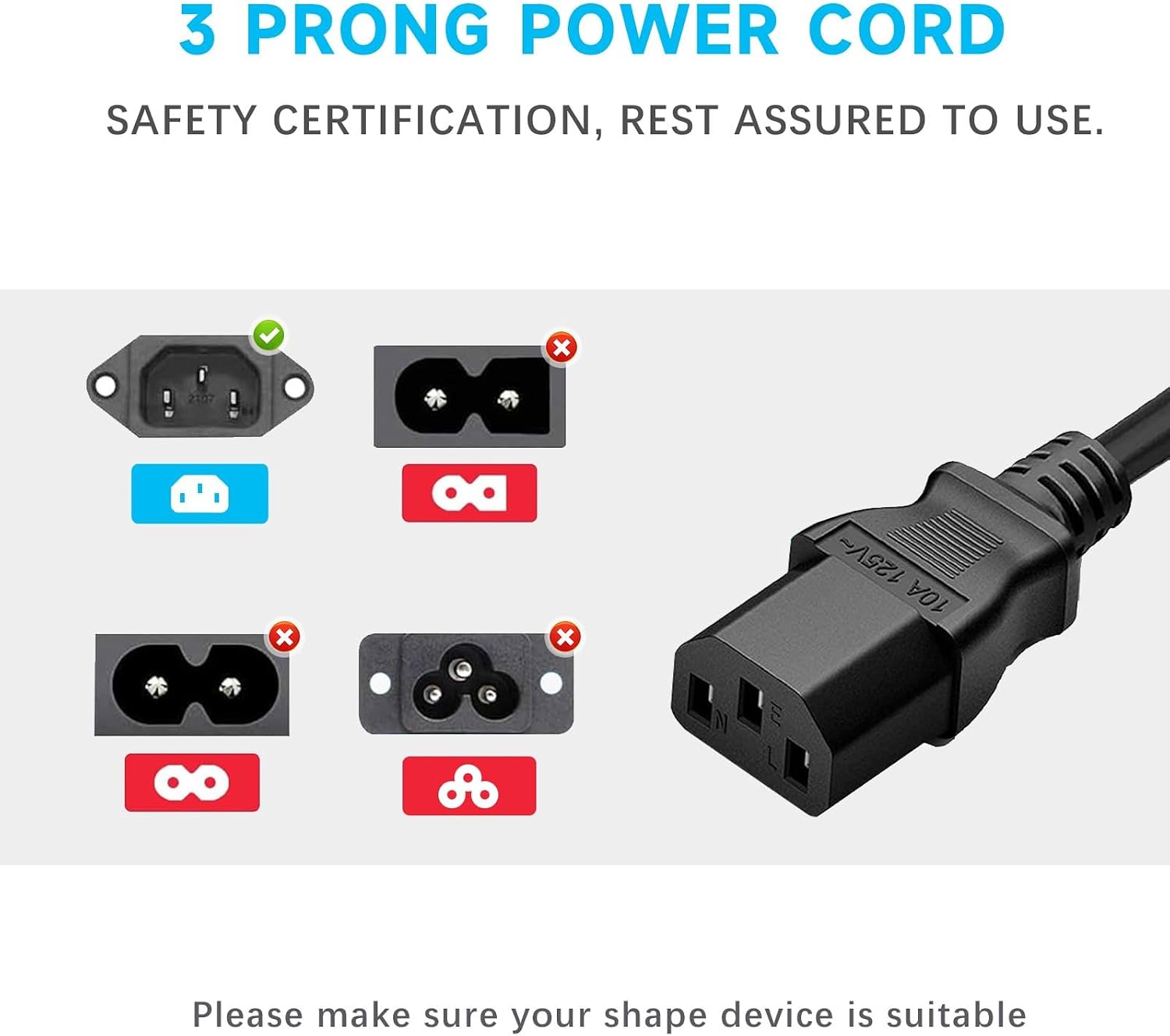5ft 3 Prong Power Cord Replacement for HP Dell Acer Asus Lenovo Laptop Power Cable