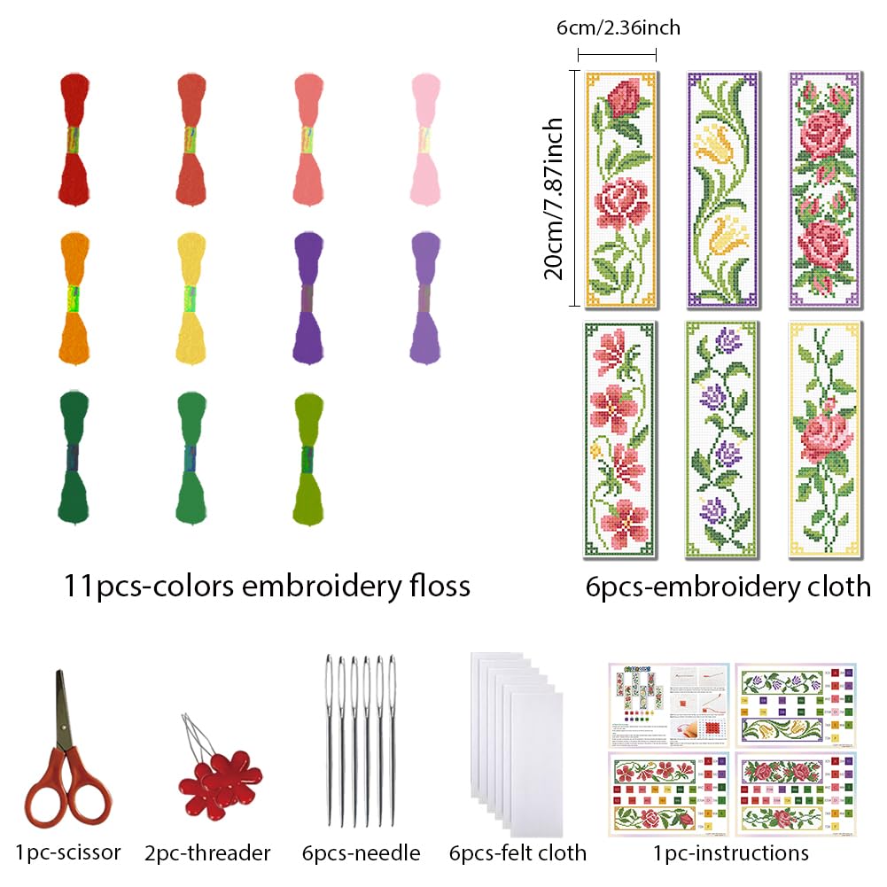 FREEBLOSS 6 Set Cross Stitch Bookmark Kit Cross Stitch Kit Vine Flowers Stamped Cross Stitch Bookmark with English Instruction Cross Stitch Kits for Adults DIY Bookmark Kit 8.7''x3.15'' - Image 2