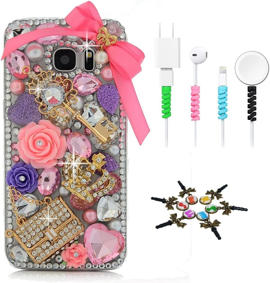 STENES Sparkle Case Compatible with Samsung Galaxy S8 Active - Stylish - 3D Handmade Rainbow Butterfly Pearl Pendant Flowers Design Cover Case with Cable Protector [4 Pack] - Colorful