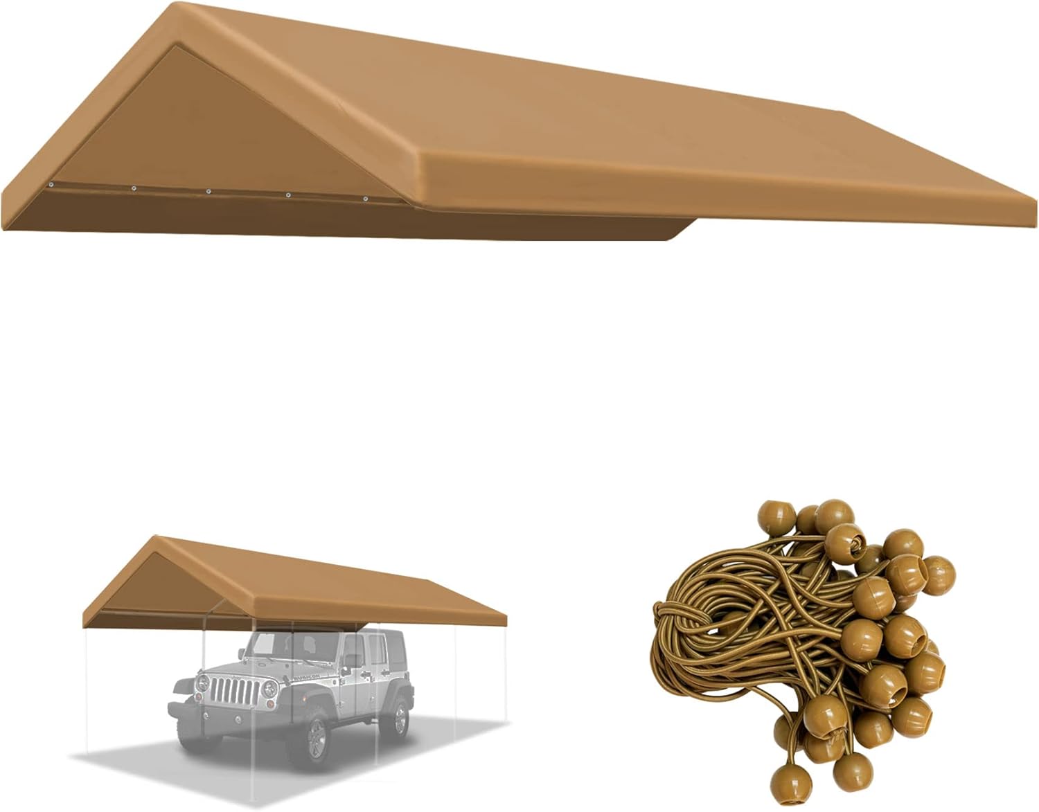 BenefitUSA 12'x20' Carport Canopy ONLY Tent Garage Replacement Top Tarp Car Shelter Cover w/Ball Bungees(TAN)