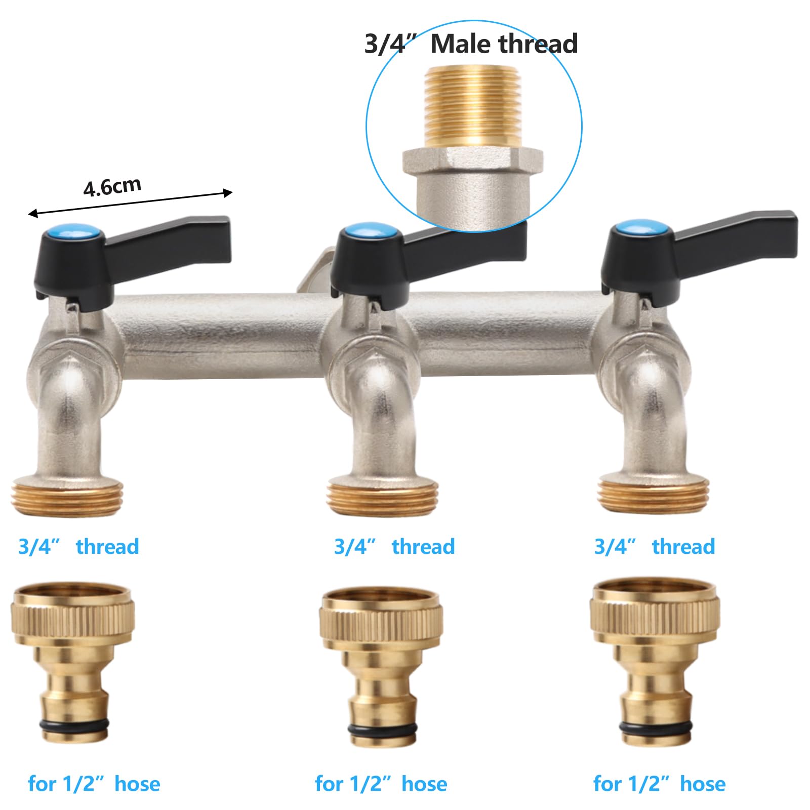 3-Wege Wasserhahn Garten 3/4 Zoll, Garten Doppel Wasserhahn mit 3 Stück 3/4 Zoll auf 1/2 Zoll Hahnanschluss für Haus, Hof/Waschmaschine