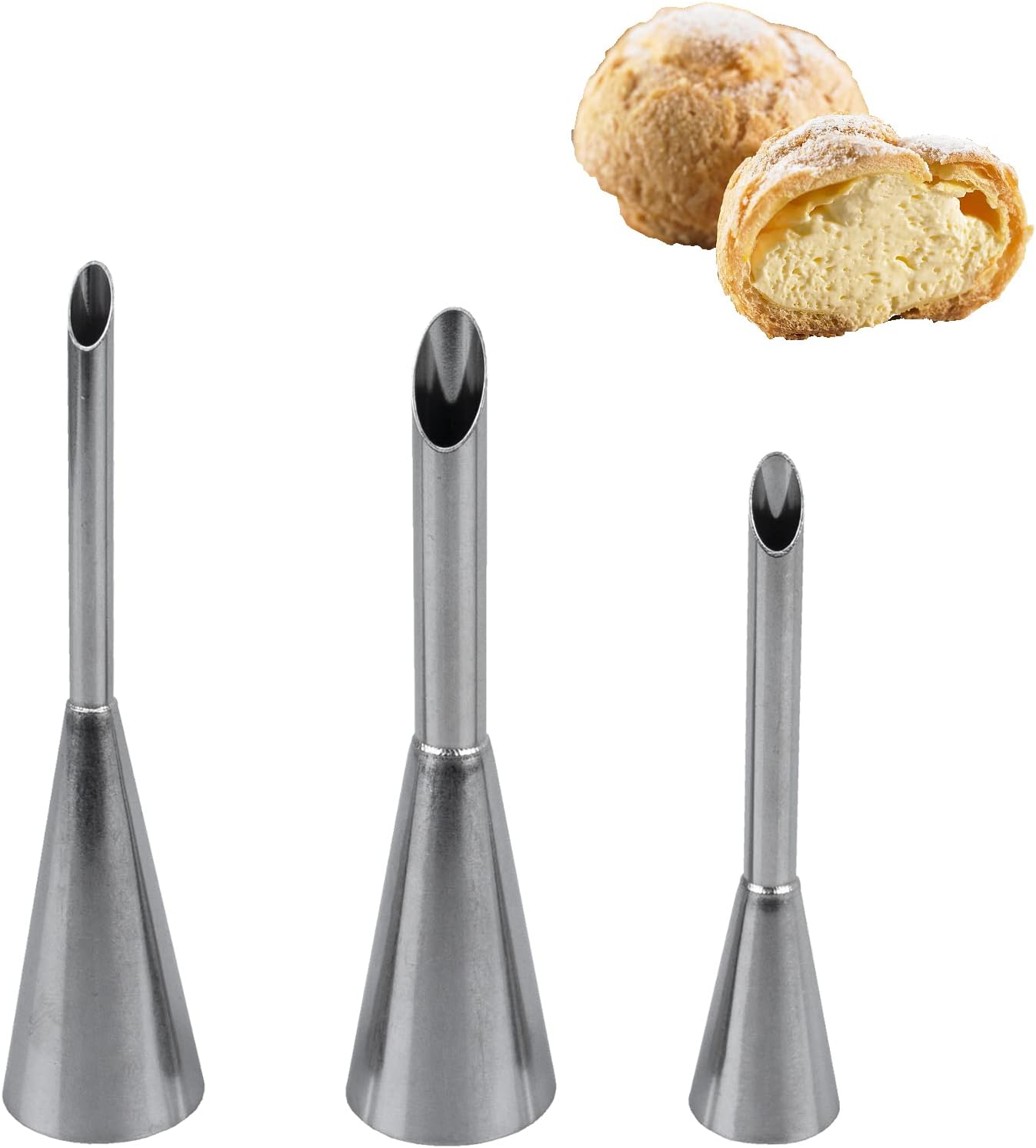 Cream Icing Piping Nozzles Tips, 3pcs Long Puff Nozzles Cream Filling Tubes Cupcake Filler Nozzle Puff Decorating Tool Kit for Filling Donuts Cupcakes Eclairs Pastries Cookies Cakes