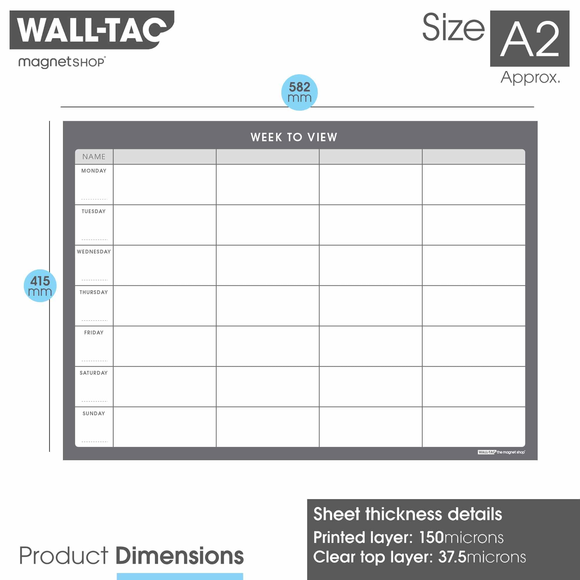 TMS Planning mural réutilisable – Affichage hebdomadaire et planificateur familial – Tableau blanc auto-adhésif réutilisable amovible et repositionnable pour la maison et le bureau (gris, A2)