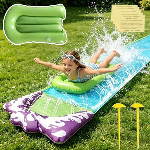 Nzkeuf Tobogán acuático de 480 x 70 cm para niños con 1 tabla de bodyboards, juguete acuático para niños para verano, jardín, piscina al aire libre