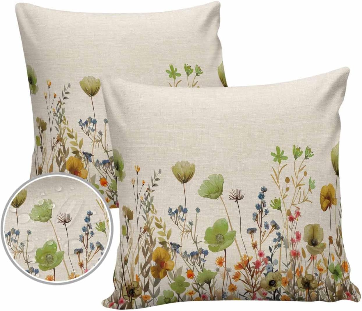 Sage Green Yellow Spring Floral Outdoor Waterproof Pillow Covers, Watercolor Botanical Summer Flowers Decorative Square Throw Pillowcase Sofa Cushion Sham for Patio/Couch/Chair, 26"x26" 2 Pack