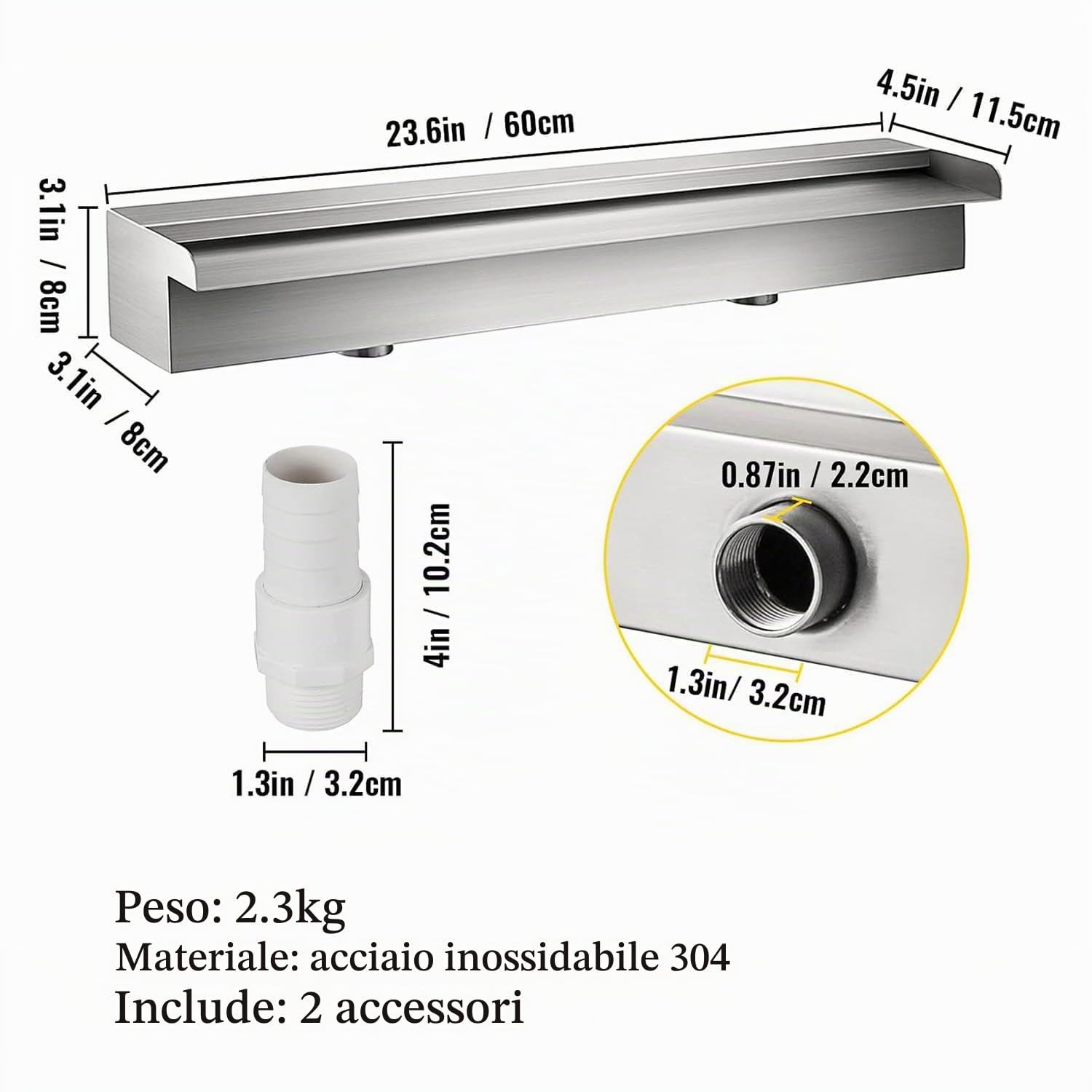 Cascata Piscina Laghetto,Lame Per Fontana Da Giardino Esterno In Acciaio Inossidabile Con Accessori,Fontana Per Piscina Decorazione Laghetto Da Giardino Patio,Per Pareti,Bordi Piscina,60 x 11.5 x 8 Cm