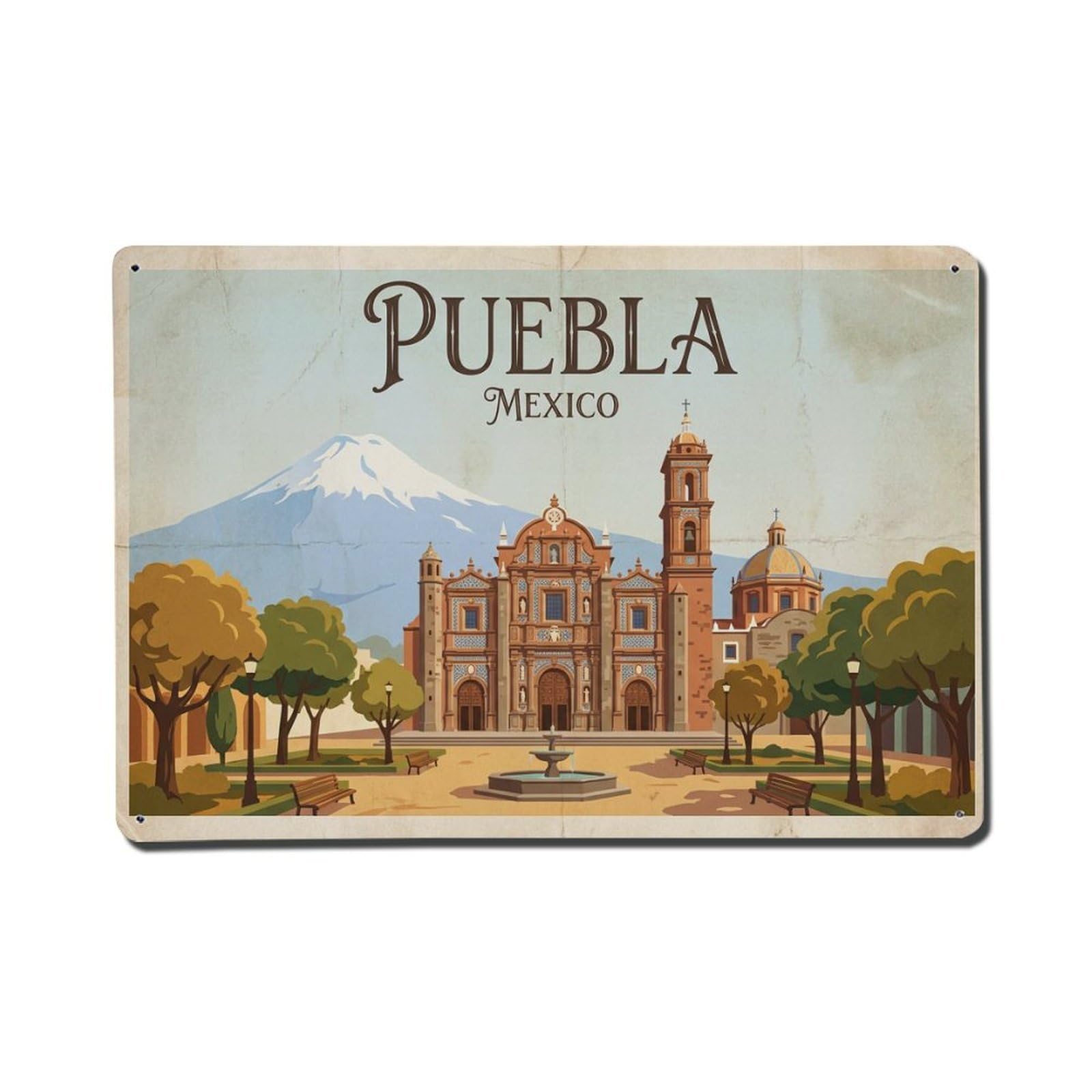Travel Vintage Mexico Puebla Metal Tin Sign