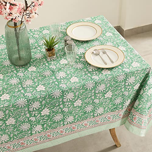 Labhanshi Indian Block Print Tablecloth, Green Floral Cotton Table Cover, Easter Wedding Table Cloth, Boho Holiday Farmhouse Tablecloths, Gift For New Home 10 Seater 72X135 Inch #TOP1