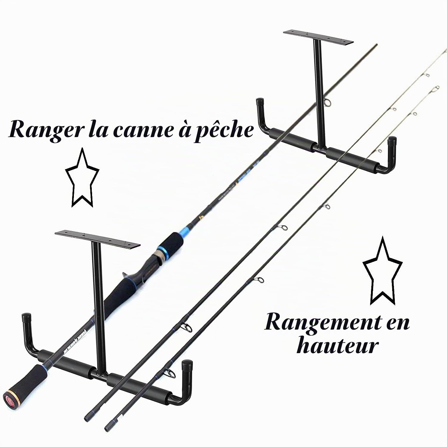 Lot de 4 crochets de plafond caoutchoutés pour garage - En acier noir - Double pointe - 20 cm - Pour échelle et équipements de sport tels que ski, planche de surf, canne à pêche