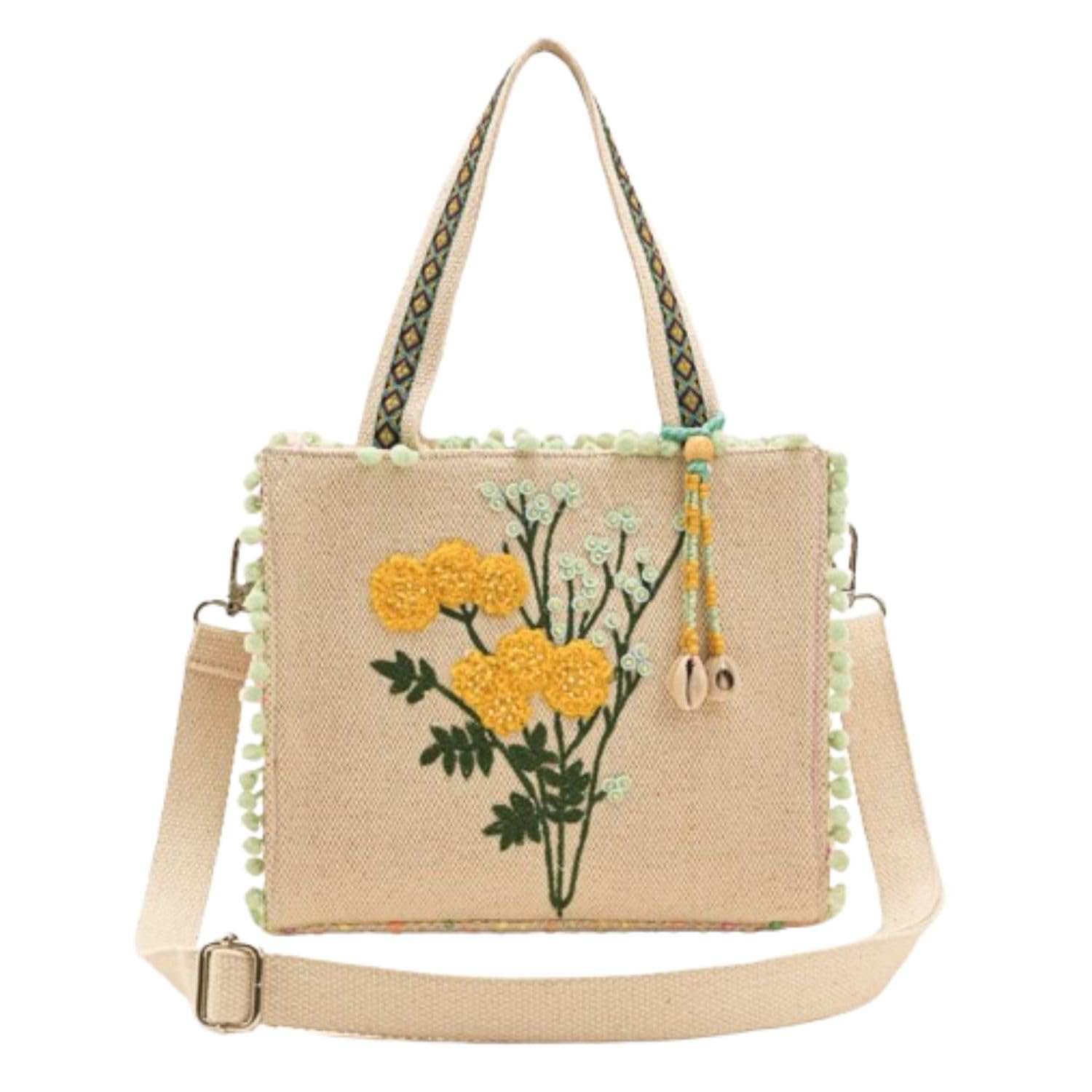 Marigold Mini Tote Bag | Floral Embroidered Hand Bag with Pom-Poms & Tassel | Stylish Women Handbag, Shoulder Bag, Shoulder Women Bag with Inside Pocket | Jacquard Canvas Material (Large)-image-16