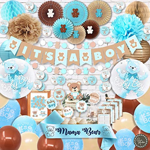 323 Pieces Boy Baby Shower Decorations Kit, All-in-1 Premium Teddy Bear Theme Party Decor With It's A Boy Banner, Guestbook, Favors, Game Cards, Lanterns, Toppers, Balloons - Blue, Brown