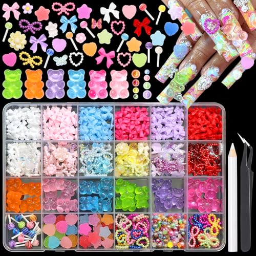 Image of RODAKY 3D Assorted Nail Charms Colorful Bears Bow Nail Art Charms Junk Case Charms Kit Cute Nail Jewelry Making Charm Manicure DIY Craft Embellishment