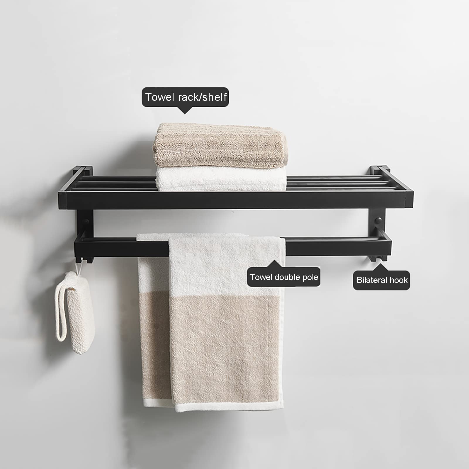 Klappbare Wandhandtuchregal, multifunktionale Aluminiumtuchschiene mit Zwei Handtuchstangen und 4 Befestigungshaken für Badezimmer, Toilette/50 cm die Neue