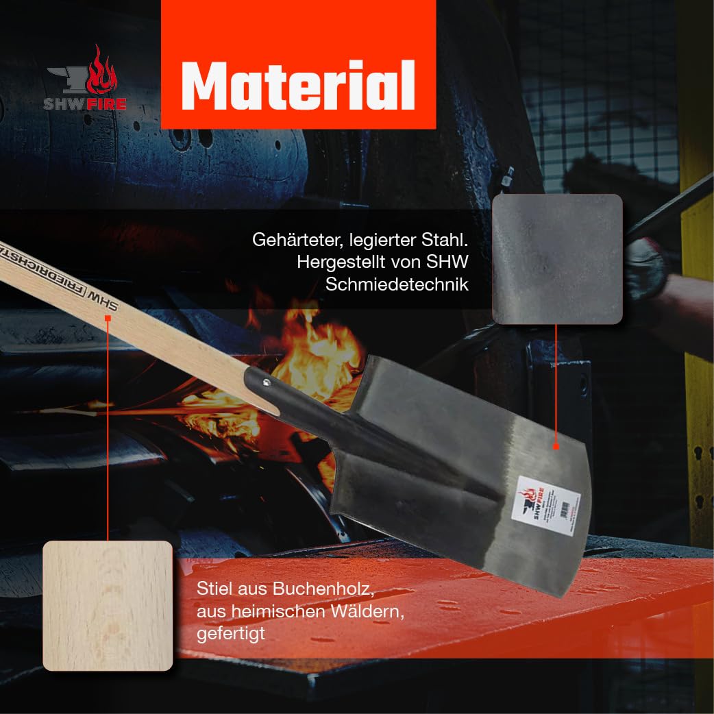 SHW-FIRE Apollo-Spaten - 1/2 poliert, umgebogener Tritt und Buchenstiel | Made in Germany | Für Garten- & Erdarbeiten |Umgraben & Ausheben | Halbpoliertes Blatt| Mit Tritt | Schmiedequalität