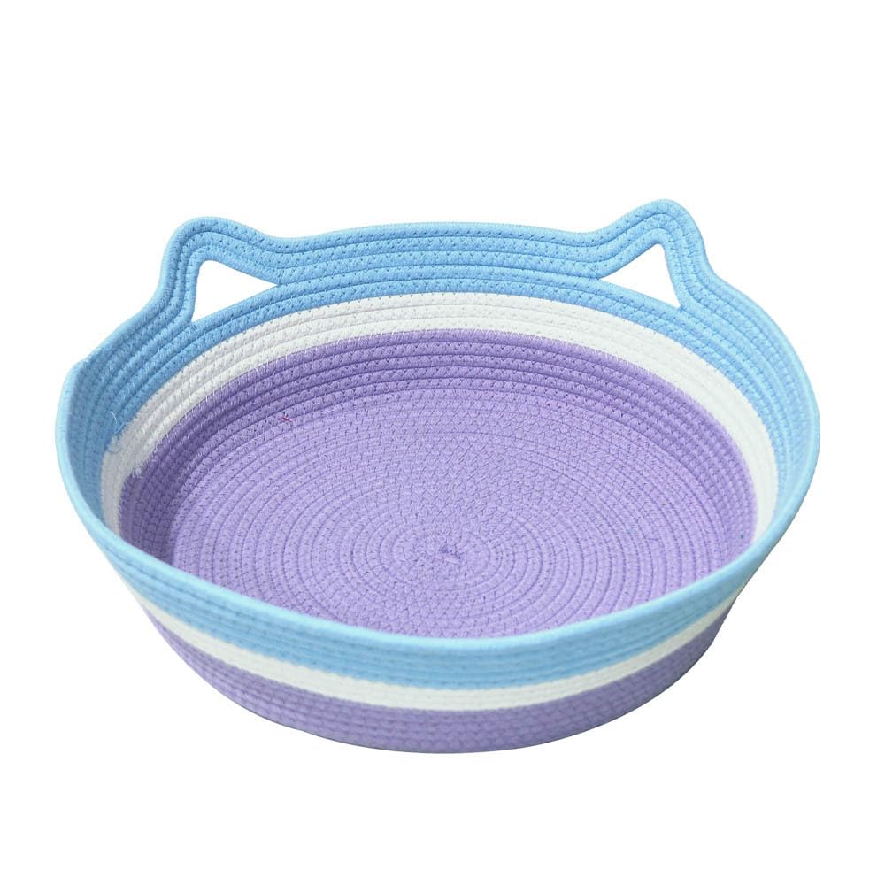 Panier pour chat et petit chien rond lavable en corde de coton bleu