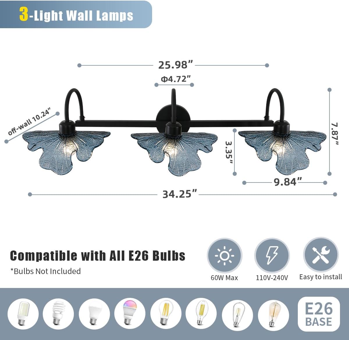 3 Light Bathroom Vanity Light Black wall Sconce with Blue Flower Glass Shade Bathroom wall Light Vintage wall Sconce Art Deco Vanity Lights Over Mirror for Bedroom Hallway Living Room