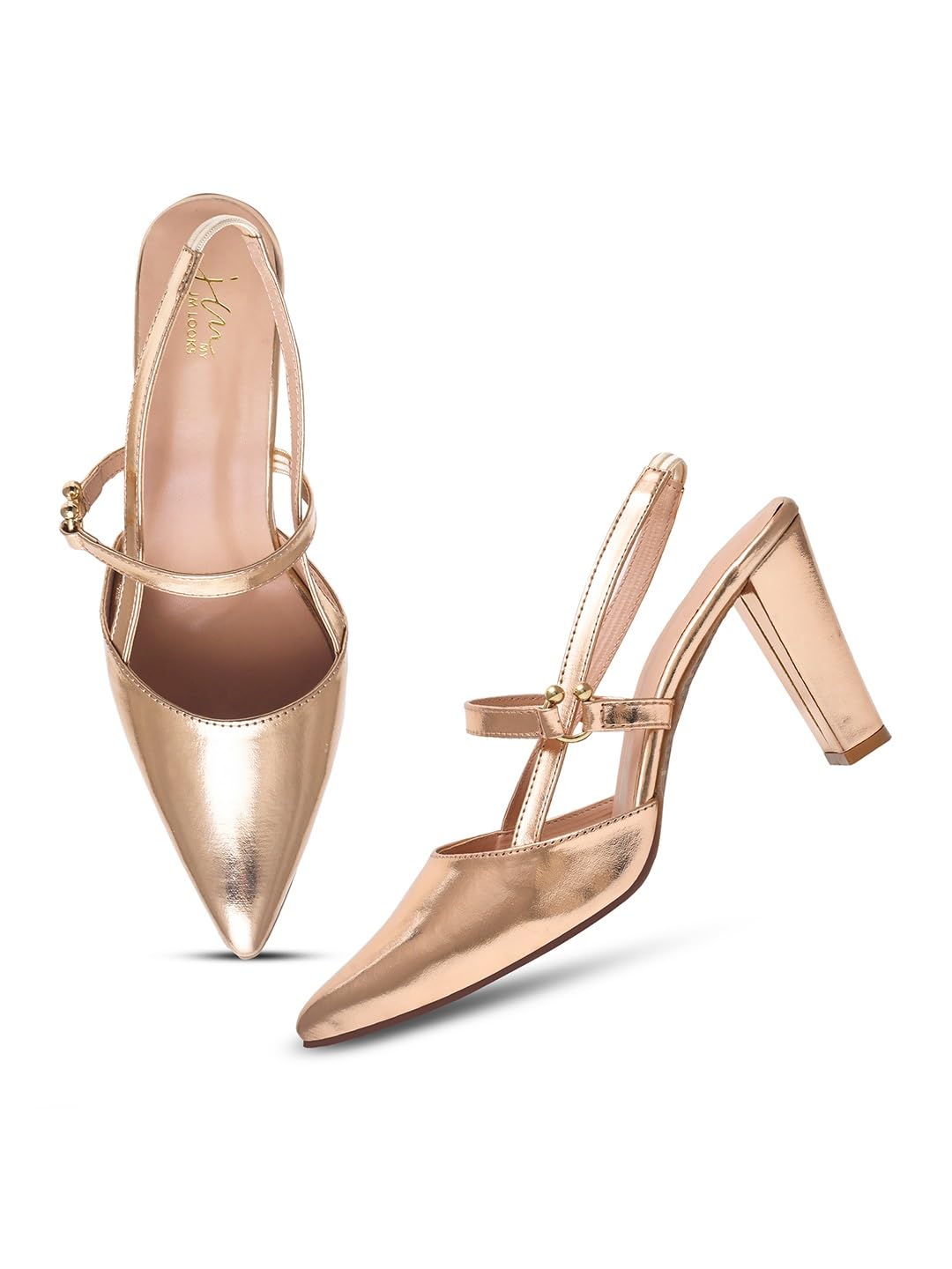 Froh Feet Women's Elegant Black Slingback Pumps with Pointed Toe, Gold Embellished Straps, and Block Heel – Sophisticated Heeled Shoes for Office-image-5