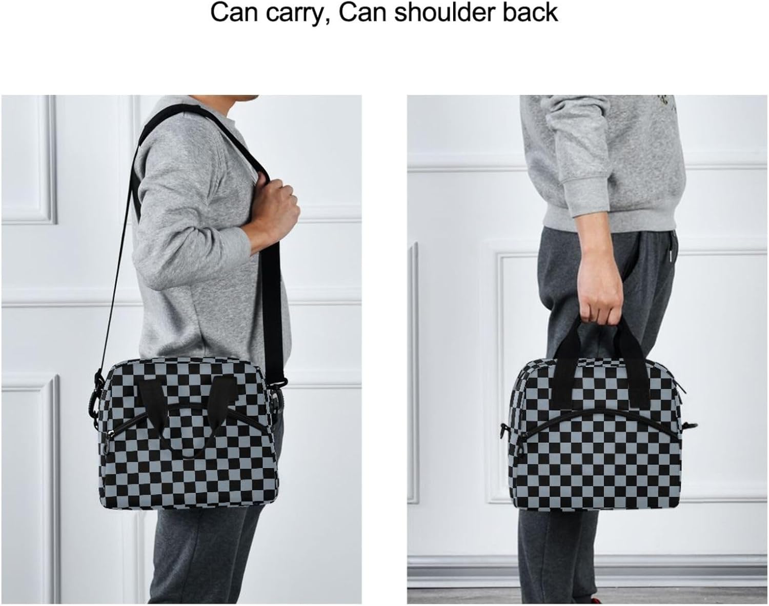 Black Blue Checkered Lunch Bag for Women Men Reusable Insulated Lunch Box Leakproof Tote Cooler Bag Work Picnic