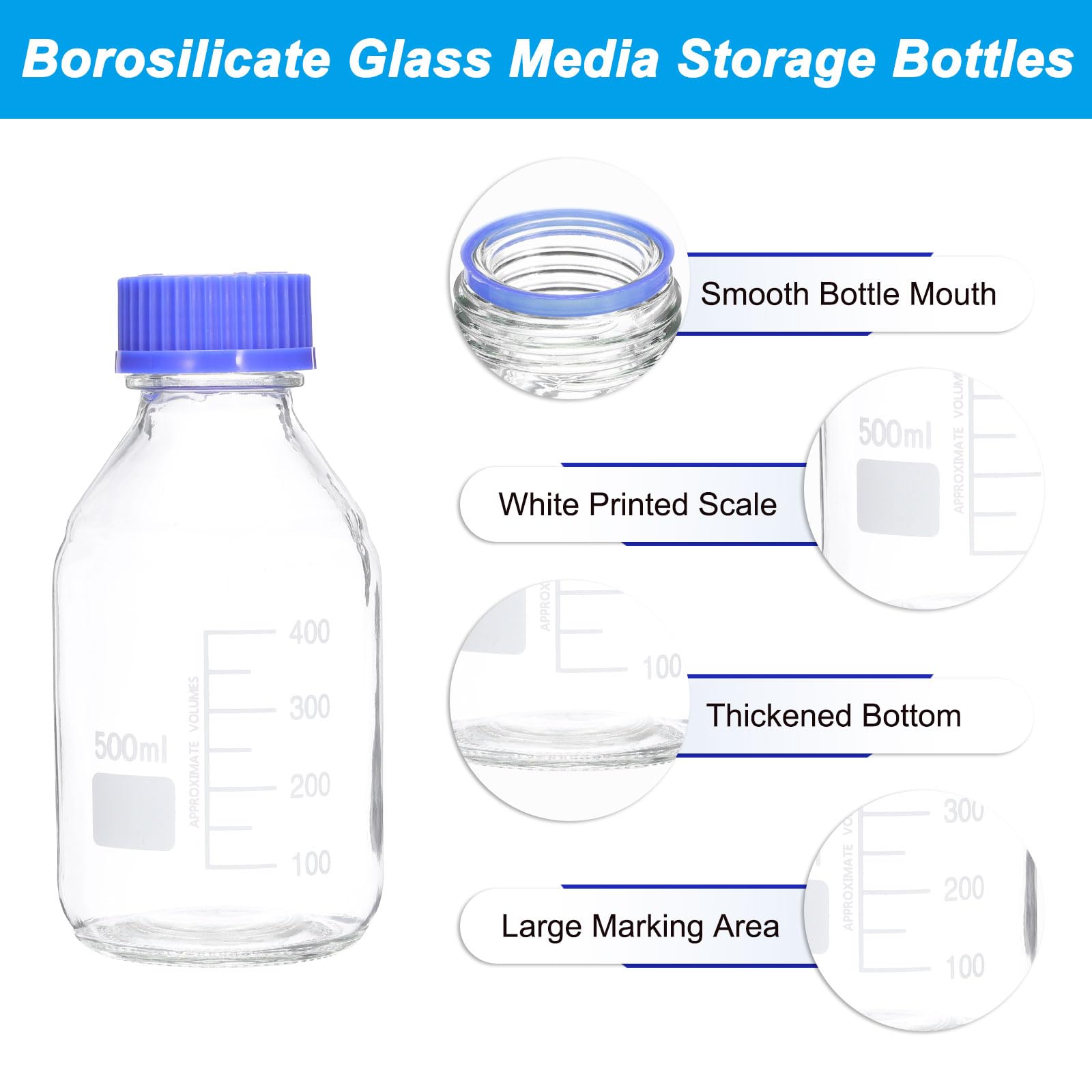 PATIKIL 12 Pack Botellas De Almacenamiento De Medios Reactivos, 500ml Botellas Redondas Graduadas De Vidrio Borosilicato Con Tapa Azul GL32 Para Líquidos Reactivos De Laboratorio.