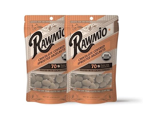 Rawmio Avellanas germinadas cubiertas de chocolate - Orgánicas, crudas, veganas, 70% chocolate negro, 2 paquetes, 2 onzas.